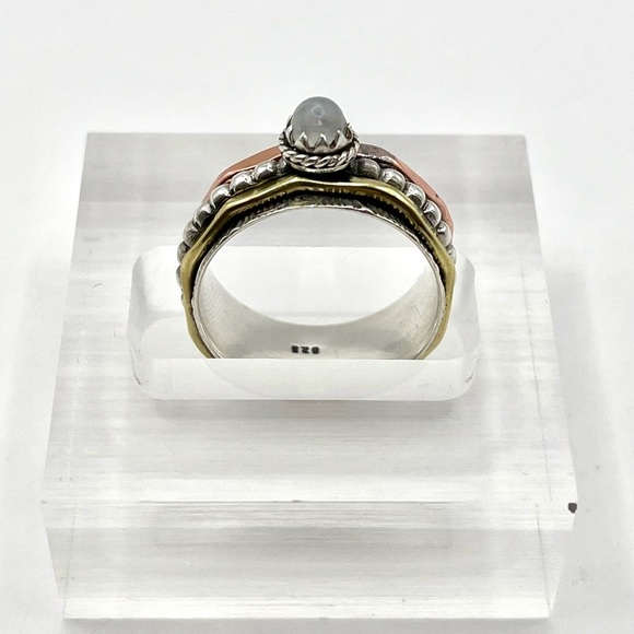 Natural Round Moonstone Three Tone Spinner Ring 925 Sterling Silver - Picture 2 of 2